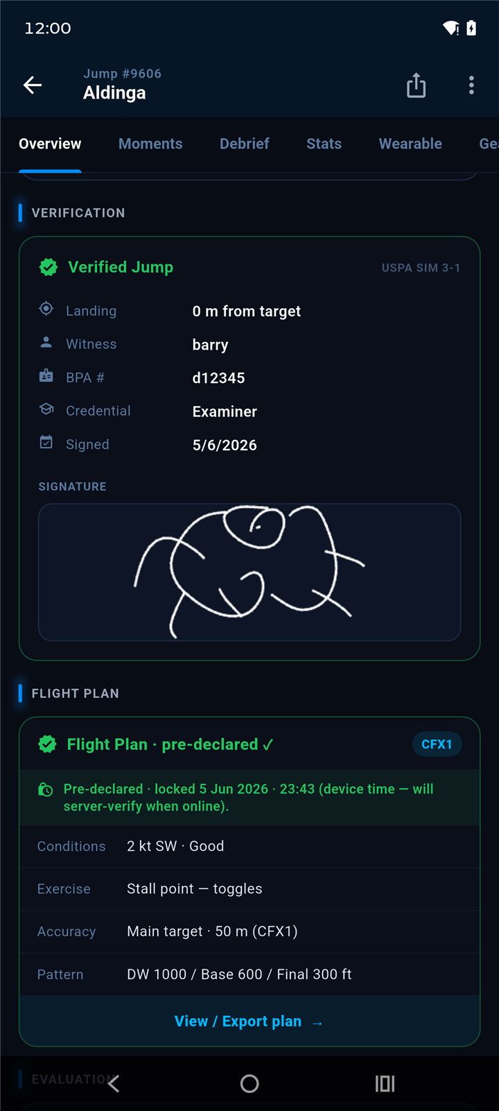 FlightX digital jump verification — USPA SIM 3-1 witness signature