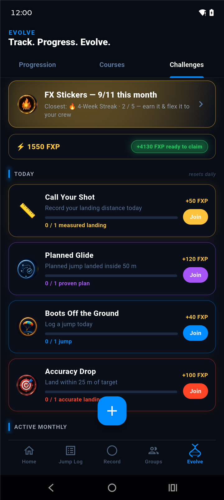 FlightX Challenge Hub — daily and monthly skydiving challenges