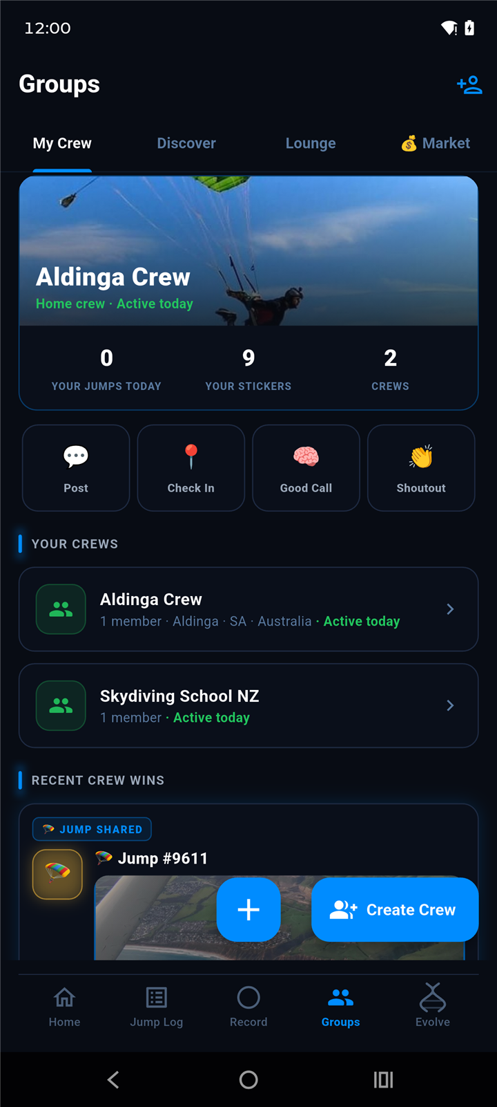 FlightX Dropzone Lounge — crew feed and brag wall