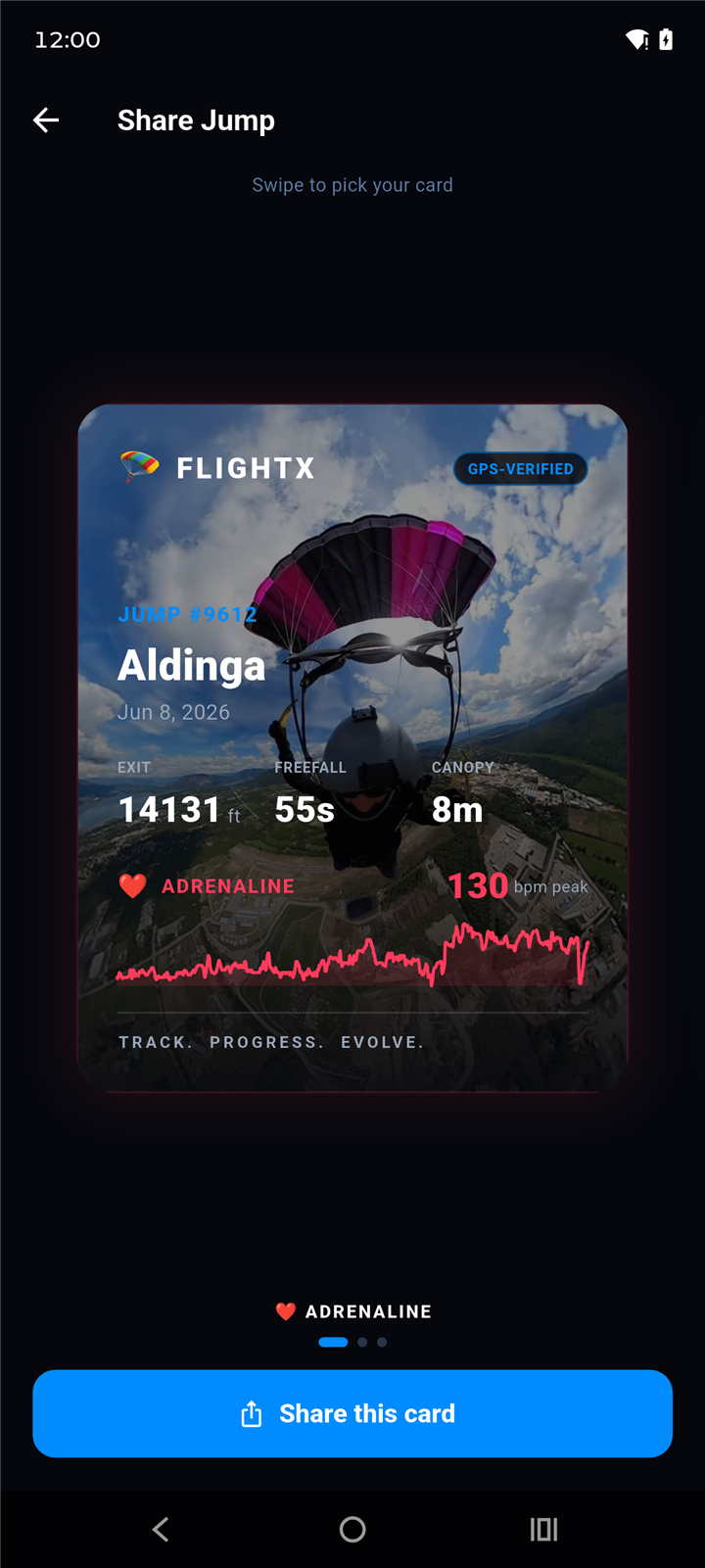 FlightX Moments — jump photo share card
