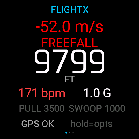 FlightX Jump freefall dashboard — altitude, vertical speed, heart rate, G